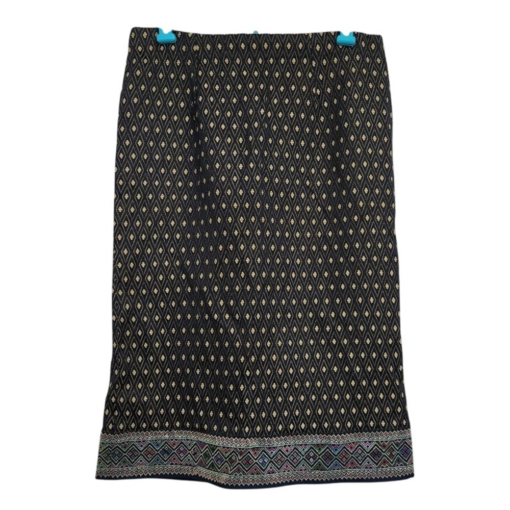 Black Diamond Pattern Midi Skirt with Colorful Woven Border Women's Size‎ M  E36